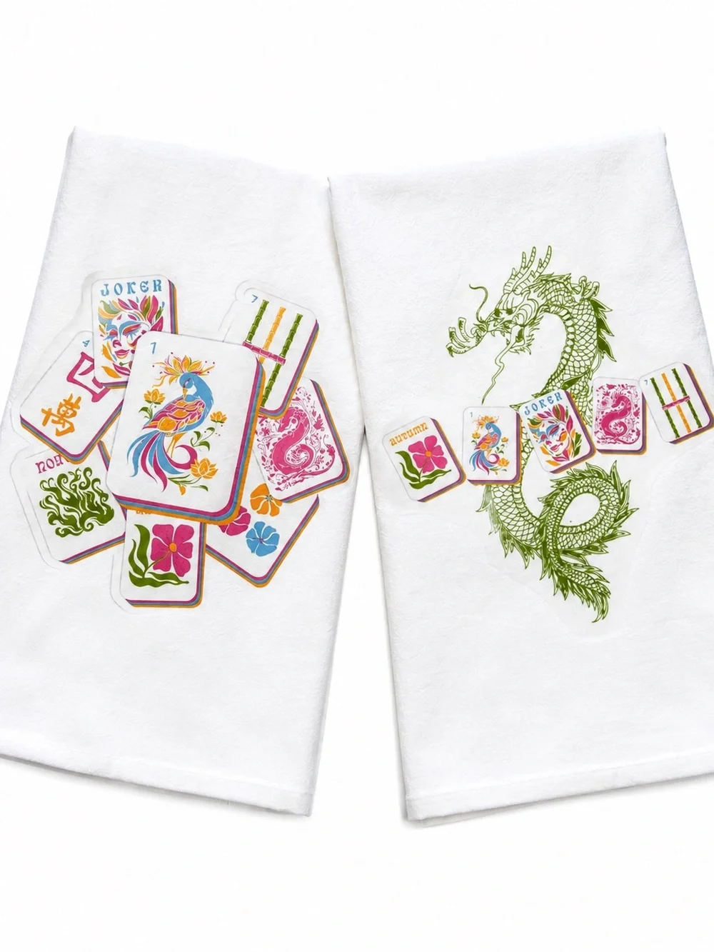 Mahjong White Tea Towels with Colorful Mahjong Tile and Green Dragon Prints